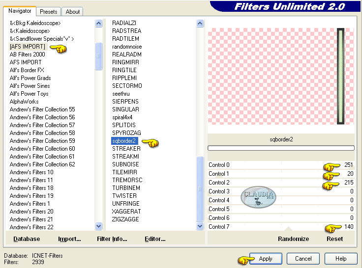 Instellingen filter Filters Unlimited 2.0 - AFS IMPORT - sqborder 2
