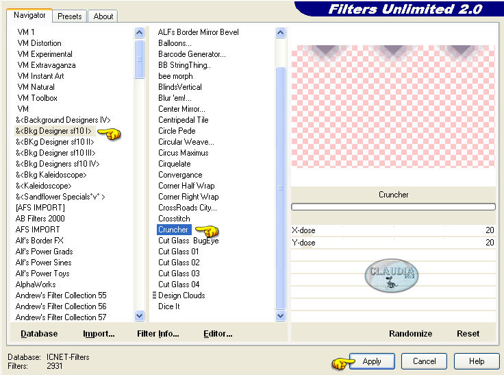 Instellingen filter Filters Unlimited 2.0 - Bkg Designer sf10 I - Cruncher