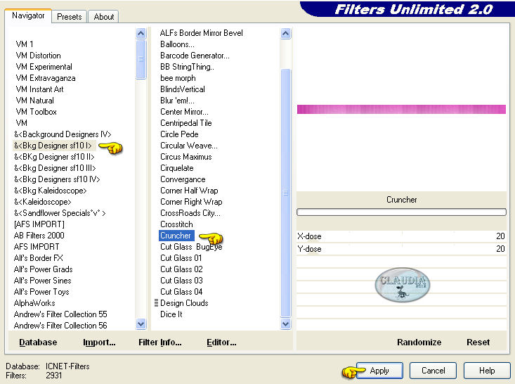 Instellingen filter Filters Unlimited 2.0 - Bkg Designer sf10 I - Cruncher 