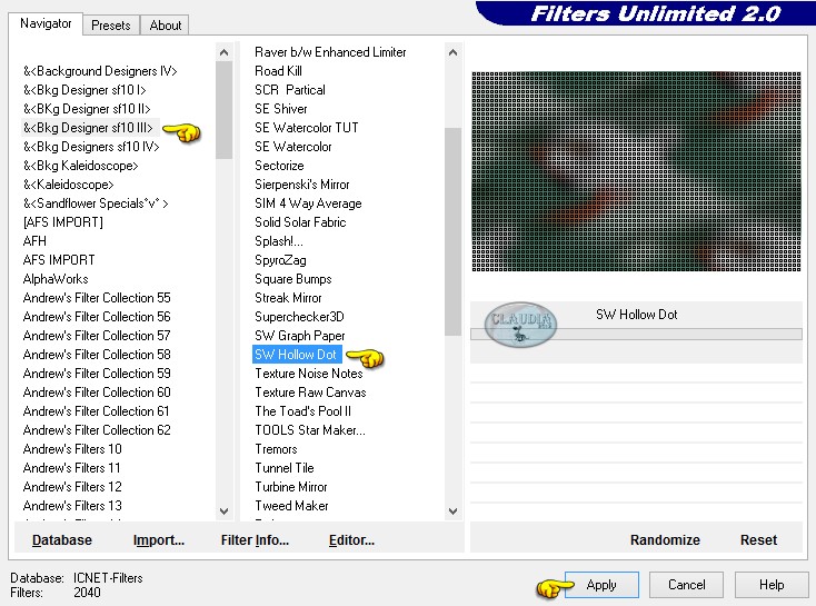 Instellingen filter Bkg Designer sf10 III - SW Hollow Dot