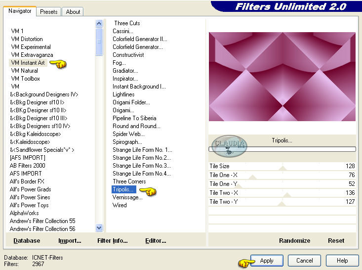 Instellingen filter VM Instant Art - Tripolis