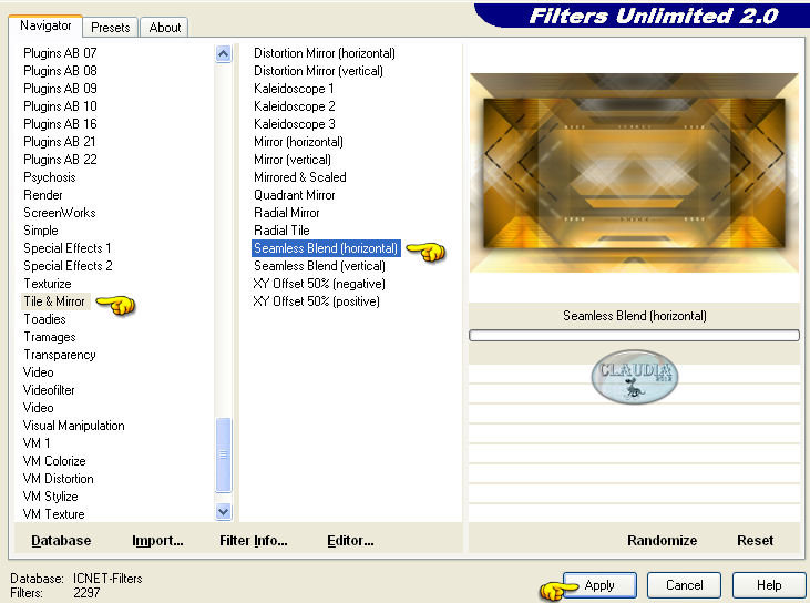 Instellingen filter Filters Unlimited 2.0 - Tile & Mirror - Seamless Blend (horizontal)