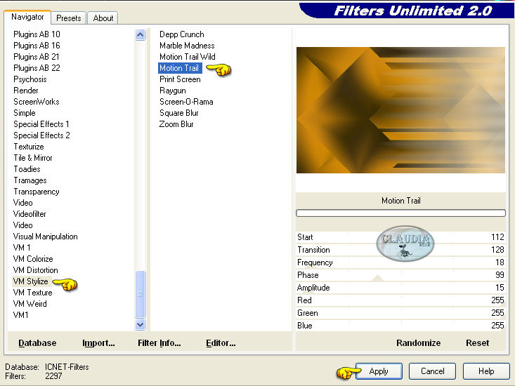 Instellingen filter Filters Unlimited 2.0 - VM Stylize - Motion Trail