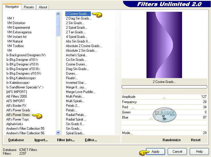 Instellingen filter Filters Unlimited 2.0 - Alf's Power Sines - 2 Cosine Grads
