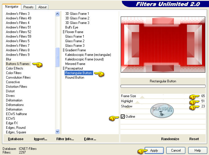 Instellingen filter Filters Unlimited 2.0 - Buttons & Frames - Rectangular Button