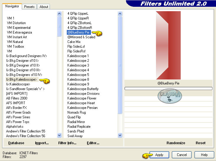 Instellingen filter Filters Unlimited 2.0 - Bkg Kaleidoscope - Blueberry Pie