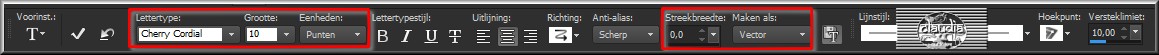 Activeer het Tekstgereedschap en zoek het font "Cherry-Cordial" met deze instellingen
