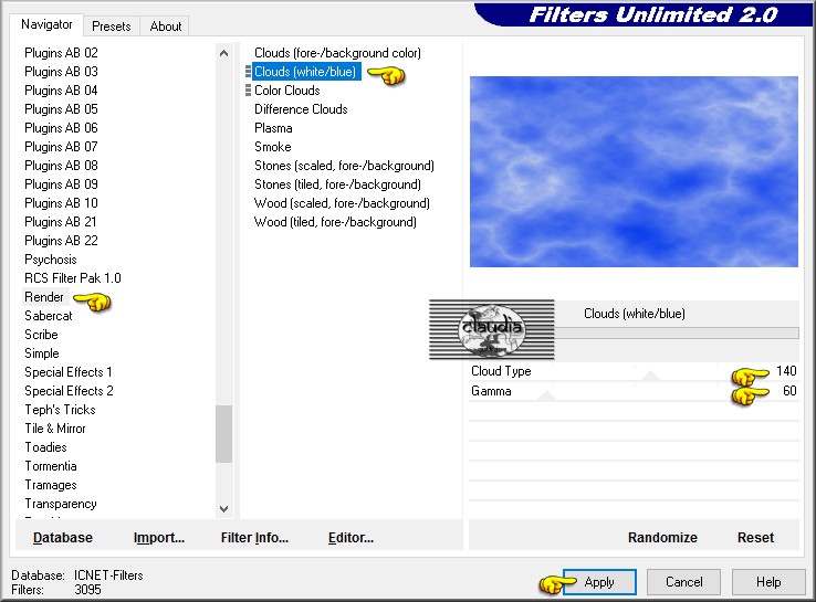 Effecten - Insteekfilters - <I.C.NET Software> - Filters Unlimited 2.0 - Render - Clouds (white/blue)