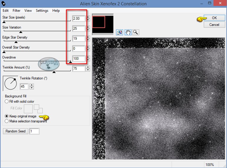 Instellilngen filter : Xenofex 2 - Constellation