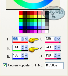 Klik met de muis in de Voorgrondkleur en neem de getallen die naast de K en V staan (= kleurtoon en verzadiging)