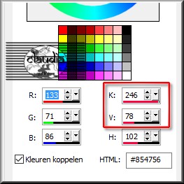 Aanpassen - Kleurtoon en verzadiging - Inkleuren en neem de K en V getallen van de Voorgondkleur 